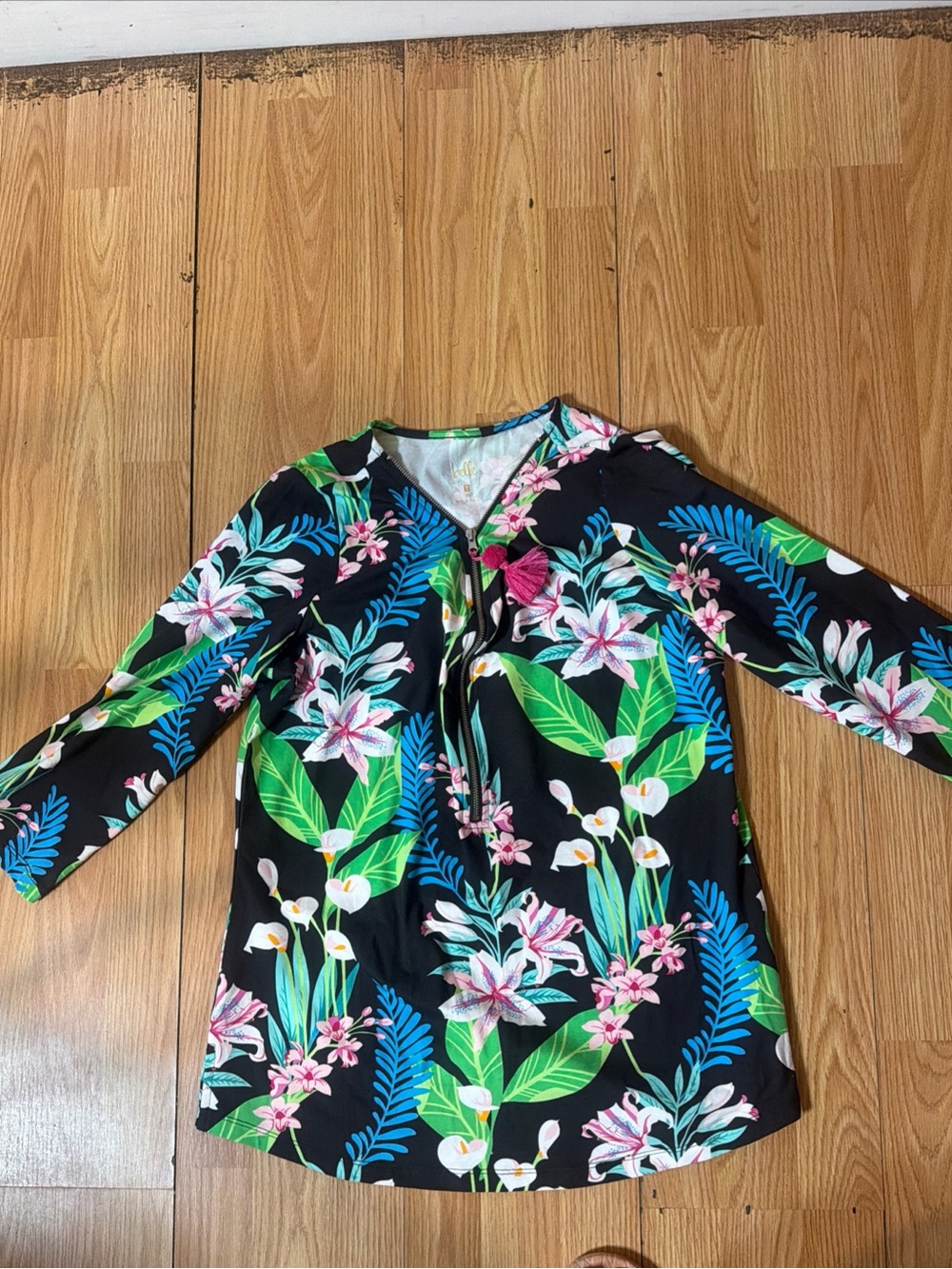 Belle Kim Gravel Beach Blouse Top Womens, Multi floral Pleated 3/4 XS oversize